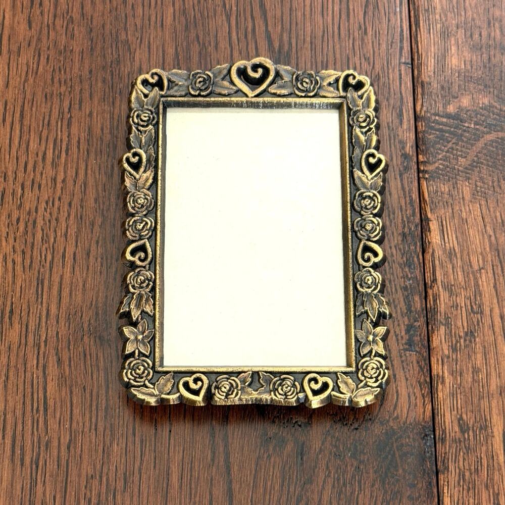 Vintage Gold Tone Ornate 2x3 Picture Frame–Heart Detail Scrolled Edge Mini Frame